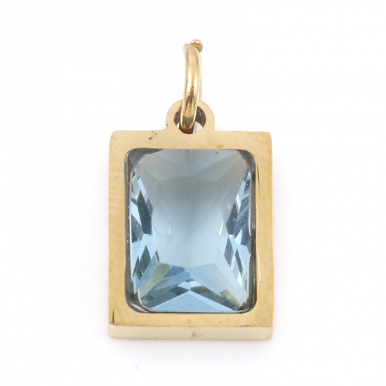 Picture of 304 Stainless Steel Charms Gold Plated Rectangle Light Blue Cubic Zirconia 15mm x 8mm, 1 Piece