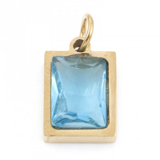 Picture of 304 Stainless Steel Charms Gold Plated Rectangle Aqua Blue Cubic Zirconia 15mm x 8mm, 1 Piece