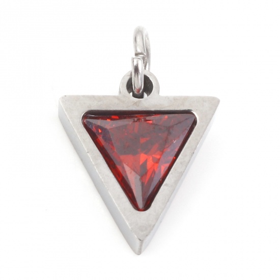 Picture of 304 Stainless Steel Charms Silver Tone Triangle Red Brown Cubic Zirconia 14mm x 10mm, 1 Piece