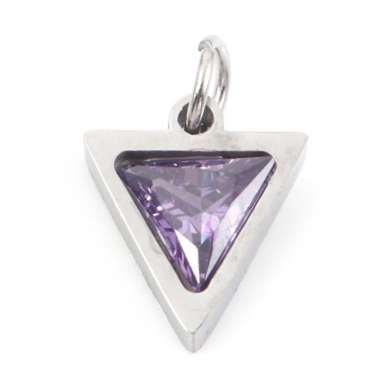 Picture of 304 Stainless Steel Charms Silver Tone Triangle Purple Cubic Zirconia 14mm x 10mm, 1 Piece
