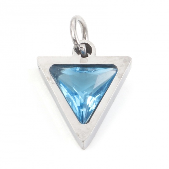 Picture of 304 Stainless Steel Charms Silver Tone Triangle Skyblue Cubic Zirconia 14mm x 10mm, 1 Piece
