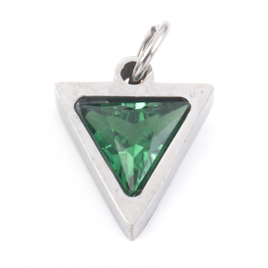 Picture of 304 Stainless Steel Charms Silver Tone Triangle Emerald Cubic Zirconia 14mm x 10mm, 1 Piece