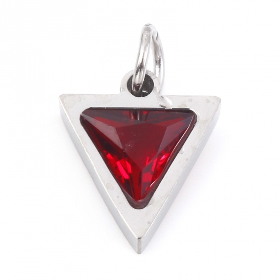 Picture of 304 Stainless Steel Charms Silver Tone Triangle Red Cubic Zirconia 14mm x 10mm, 1 Piece