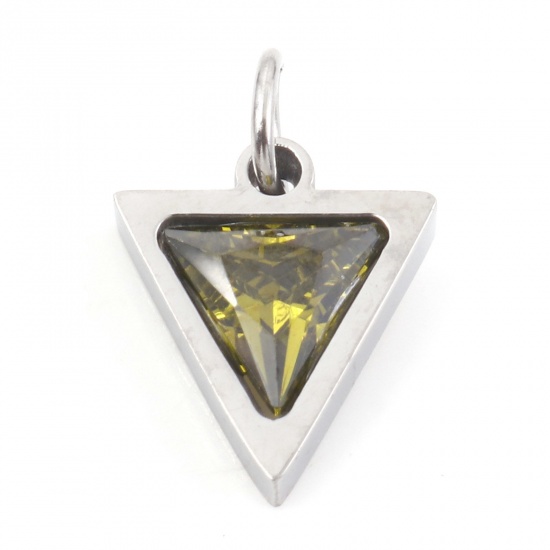 Picture of 304 Stainless Steel Charms Silver Tone Triangle Olive Green Cubic Zirconia 14mm x 10mm, 1 Piece