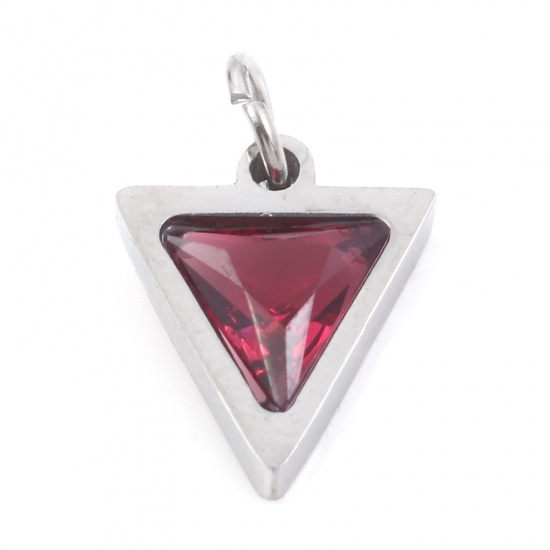 Picture of 304 Stainless Steel Charms Silver Tone Triangle Fuchsia Cubic Zirconia 14mm x 10mm, 1 Piece