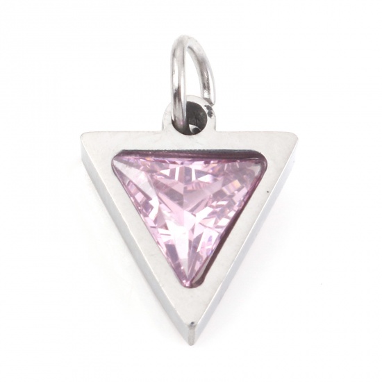Picture of 304 Stainless Steel Charms Silver Tone Triangle Light Pink Cubic Zirconia 14mm x 10mm, 1 Piece