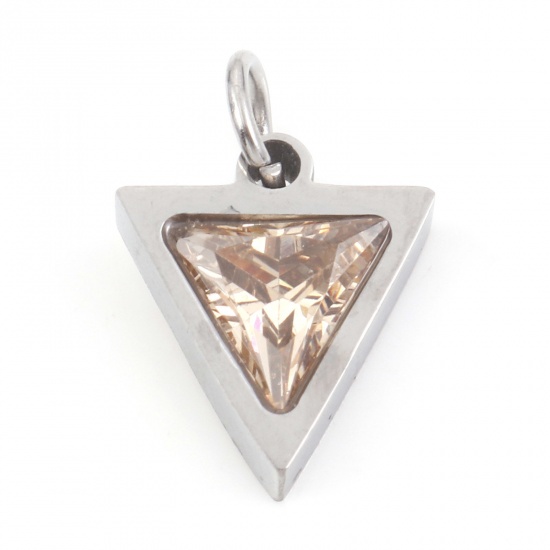 Picture of 304 Stainless Steel Charms Silver Tone Triangle Champagne Cubic Zirconia 14mm x 10mm, 1 Piece