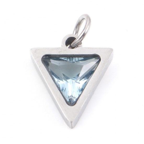 Picture of 304 Stainless Steel Charms Silver Tone Triangle Light Blue Cubic Zirconia 14mm x 10mm, 1 Piece
