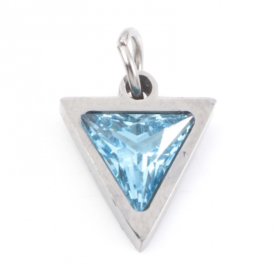 Picture of 304 Stainless Steel Charms Silver Tone Triangle Aqua Blue Cubic Zirconia 14mm x 10mm, 1 Piece