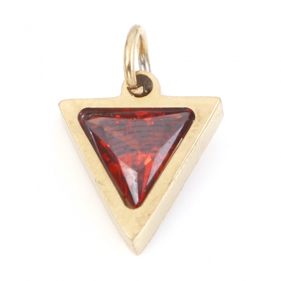 Picture of 304 Stainless Steel Charms Gold Plated Triangle Red Brown Cubic Zirconia 14mm x 10mm, 1 Piece