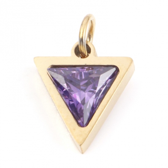 Picture of 304 Stainless Steel Charms Gold Plated Triangle Purple Cubic Zirconia 14mm x 10mm, 1 Piece