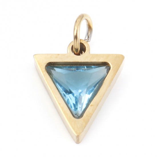 Picture of 304 Stainless Steel Charms Gold Plated Triangle Skyblue Cubic Zirconia 14mm x 10mm, 1 Piece