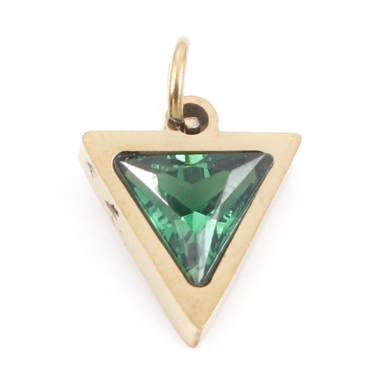Picture of 304 Stainless Steel Charms Gold Plated Triangle Emerald Cubic Zirconia 14mm x 10mm, 1 Piece