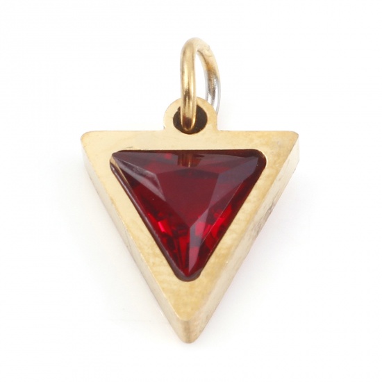 Picture of 304 Stainless Steel Charms Gold Plated Triangle Red Cubic Zirconia 14mm x 10mm, 1 Piece
