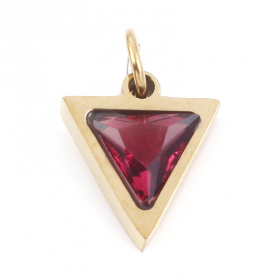 Picture of 304 Stainless Steel Charms Gold Plated Triangle Fuchsia Cubic Zirconia 14mm x 10mm, 1 Piece