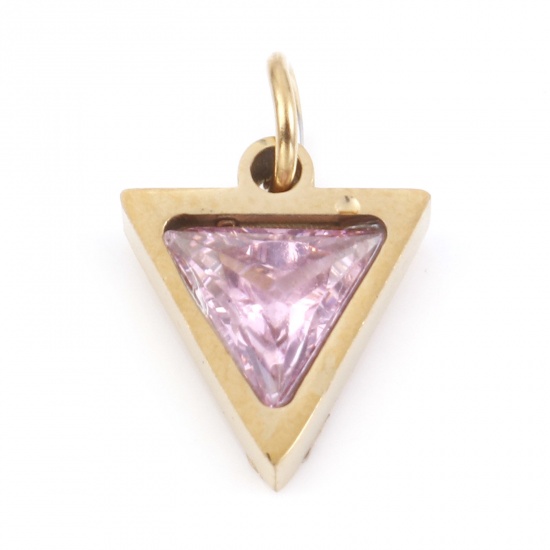 Picture of 304 Stainless Steel Charms Gold Plated Triangle Light Pink Cubic Zirconia 14mm x 10mm, 1 Piece