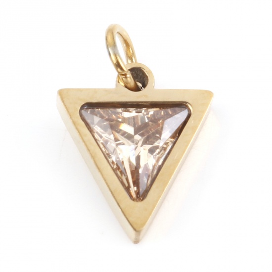 Picture of 304 Stainless Steel Charms Gold Plated Triangle Champagne Cubic Zirconia 14mm x 10mm, 1 Piece