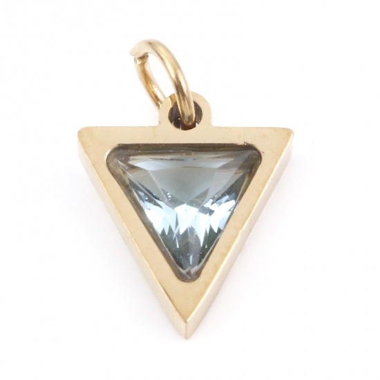 Picture of 304 Stainless Steel Charms Gold Plated Triangle Light Blue Cubic Zirconia 14mm x 10mm, 1 Piece