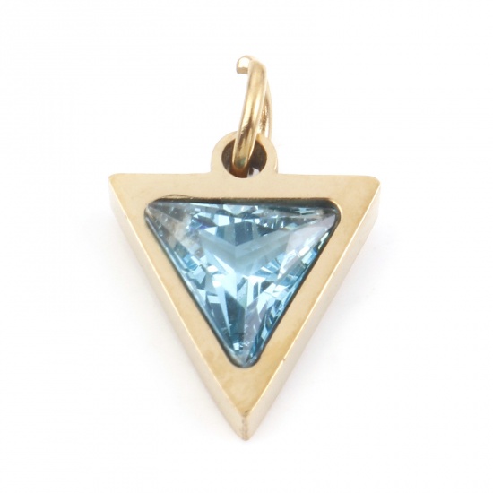 Picture of 304 Stainless Steel Charms Gold Plated Triangle Aqua Blue Cubic Zirconia 14mm x 10mm, 1 Piece