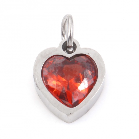 Picture of 304 Stainless Steel Valentine's Day Charms Silver Tone Heart Red Brown Cubic Zirconia 13mm x 8mm, 1 Piece