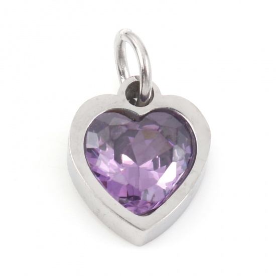 Picture of 304 Stainless Steel Valentine's Day Charms Silver Tone Heart Purple Cubic Zirconia 13mm x 8mm, 1 Piece