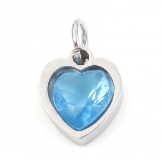 Picture of 304 Stainless Steel Valentine's Day Charms Silver Tone Heart Skyblue Cubic Zirconia 13mm x 8mm, 1 Piece