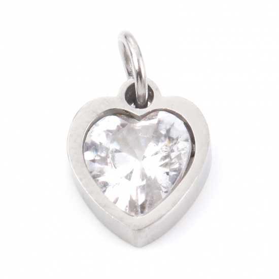 Picture of 304 Stainless Steel Valentine's Day Charms Silver Tone Heart Clear Cubic Zirconia 13mm x 8mm, 1 Piece