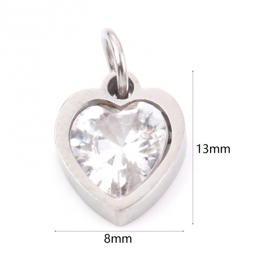 Immagine di 304 Acciaio Inossidabile San Valentino Charms Cuore Tono Argento Trasparente Cubic Zirconiae 13mm x 8mm, 1 Pz