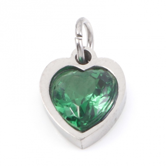 Picture of 304 Stainless Steel Valentine's Day Charms Silver Tone Heart Emerald Cubic Zirconia 13mm x 8mm, 1 Piece
