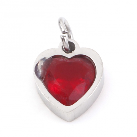 Picture of 304 Stainless Steel Valentine's Day Charms Silver Tone Heart Red Cubic Zirconia 13mm x 8mm, 1 Piece