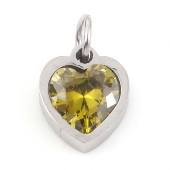 Picture of 304 Stainless Steel Valentine's Day Charms Silver Tone Heart Olive Green Cubic Zirconia 13mm x 8mm, 1 Piece