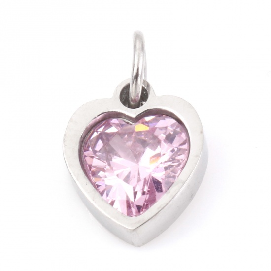 Picture of 304 Stainless Steel Valentine's Day Charms Silver Tone Heart Light Pink Cubic Zirconia 13mm x 8mm, 1 Piece