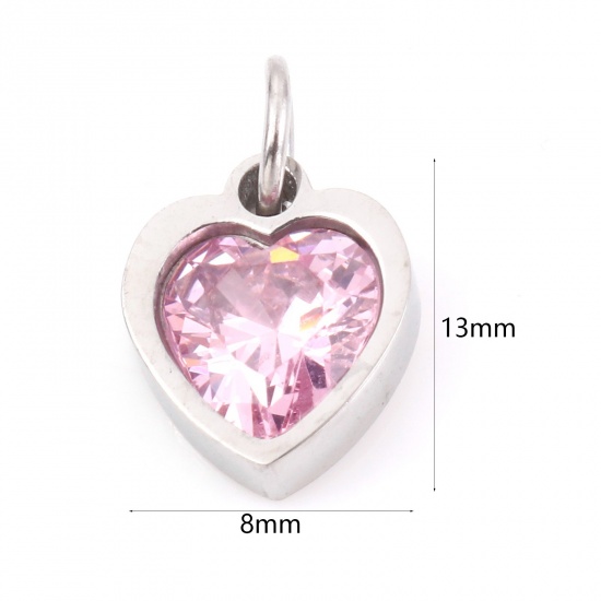 Immagine di 304 Acciaio Inossidabile San Valentino Charms Cuore Tono Argento Rosa Pallido Cubic Zirconiae 13mm x 8mm, 1 Pz