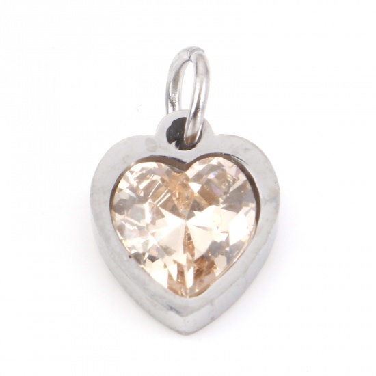 Picture of 304 Stainless Steel Valentine's Day Charms Silver Tone Heart Champagne Cubic Zirconia 13mm x 8mm, 1 Piece