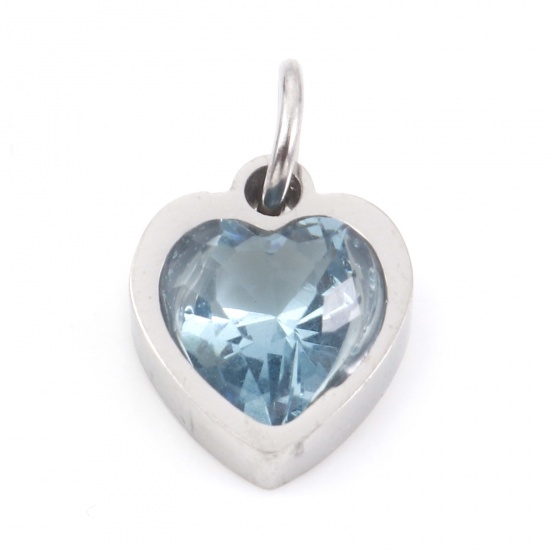 Bild von 304 Edelstahl Valentinstag Charms Herz Silberfarbe Hellblau Zirkonia 13mm x 8mm, 1 Stück