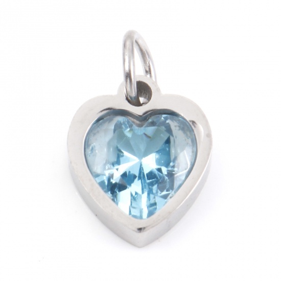 Picture of 304 Stainless Steel Valentine's Day Charms Silver Tone Heart Aqua Blue Cubic Zirconia 13mm x 8mm, 1 Piece