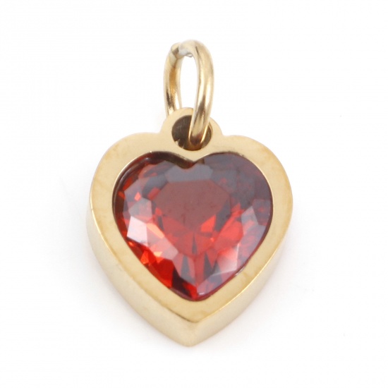 Picture of 304 Stainless Steel Valentine's Day Charms Gold Plated Heart Red Brown Cubic Zirconia 13mm x 8mm, 1 Piece