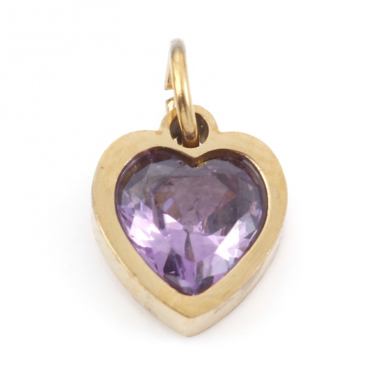 Picture of 304 Stainless Steel Valentine's Day Charms Gold Plated Heart Purple Cubic Zirconia 13mm x 8mm, 1 Piece