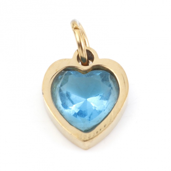 Picture of 304 Stainless Steel Valentine's Day Charms Gold Plated Heart Skyblue Cubic Zirconia 13mm x 8mm, 1 Piece