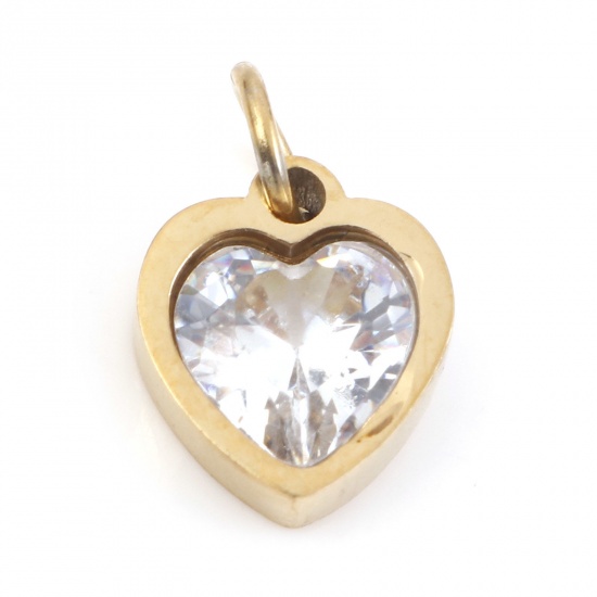 Picture of 304 Stainless Steel Valentine's Day Charms Gold Plated Heart Clear Cubic Zirconia 13mm x 8mm, 1 Piece