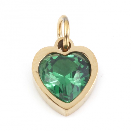 Picture of 304 Stainless Steel Valentine's Day Charms Gold Plated Heart Emerald Cubic Zirconia 13mm x 8mm, 1 Piece
