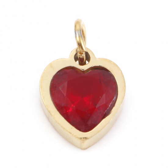 Picture of 304 Stainless Steel Valentine's Day Charms Gold Plated Heart Red Cubic Zirconia 13mm x 8mm, 1 Piece