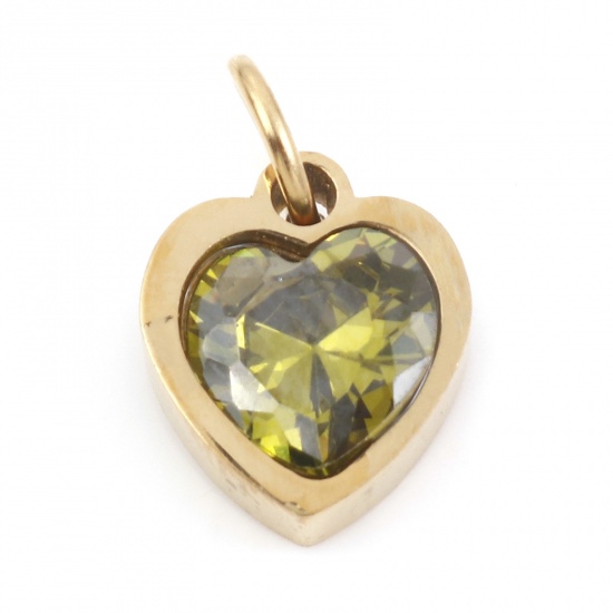 Picture of 304 Stainless Steel Valentine's Day Charms Gold Plated Heart Olive Green Cubic Zirconia 13mm x 8mm, 1 Piece