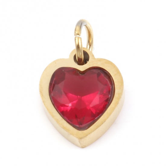 Picture of 304 Stainless Steel Valentine's Day Charms Gold Plated Heart Fuchsia Cubic Zirconia 13mm x 8mm, 1 Piece