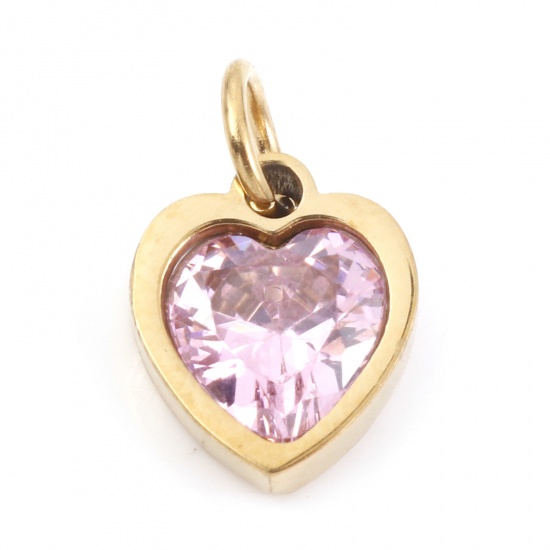 Picture of 304 Stainless Steel Valentine's Day Charms Gold Plated Heart Light Pink Cubic Zirconia 13mm x 8mm, 1 Piece