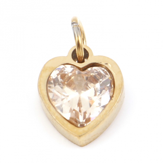 Picture of 304 Stainless Steel Valentine's Day Charms Gold Plated Heart Champagne Cubic Zirconia 13mm x 8mm, 1 Piece