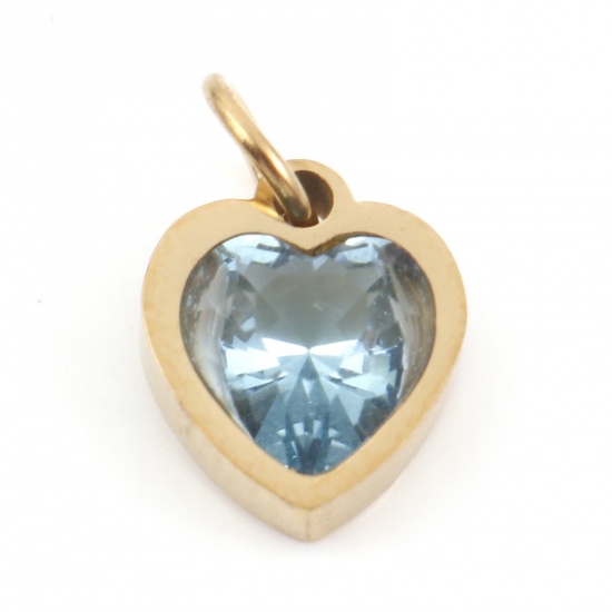 Picture of 304 Stainless Steel Valentine's Day Charms Gold Plated Heart Light Blue Cubic Zirconia 13mm x 8mm, 1 Piece