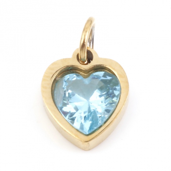 Picture of 304 Stainless Steel Valentine's Day Charms Gold Plated Heart Aqua Blue Cubic Zirconia 13mm x 8mm, 1 Piece