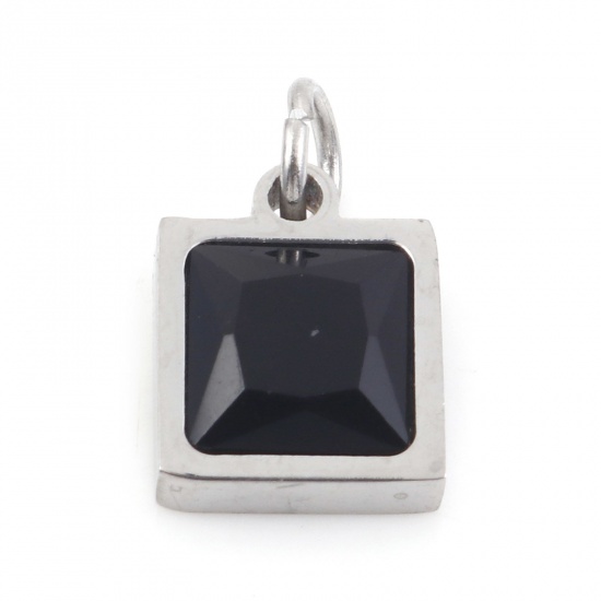 Picture of 304 Stainless Steel Charms Silver Tone Square Black Cubic Zirconia 13mm x 8mm, 1 Piece
