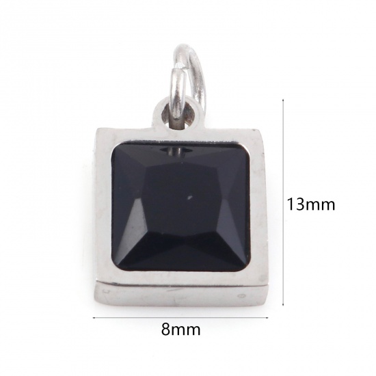 Picture of 304 Stainless Steel Charms Silver Tone Square Black Cubic Zirconia 13mm x 8mm, 1 Piece